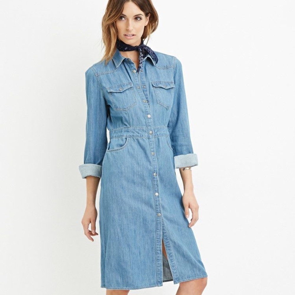 Midi Long Sleeve Denim Shirt Dress with Pockets